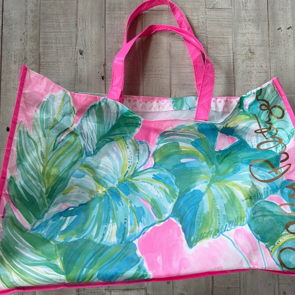 Lilly Pulitzer Reusable Shopping Tote Bag Pink Green Tropical Palm Leaf Large